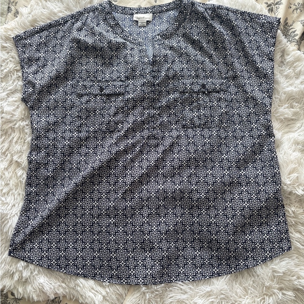 Jaclyn Smith Navy White Print Blouse Top XXL Short Sleeve Boho Chic